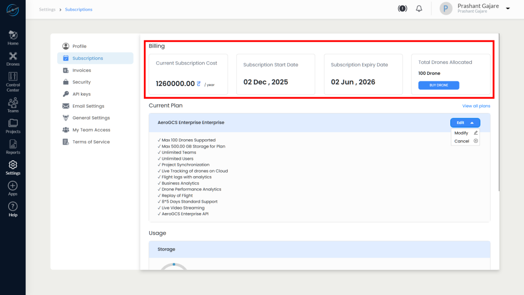 Billing Summary Panel with Buy Drone Button