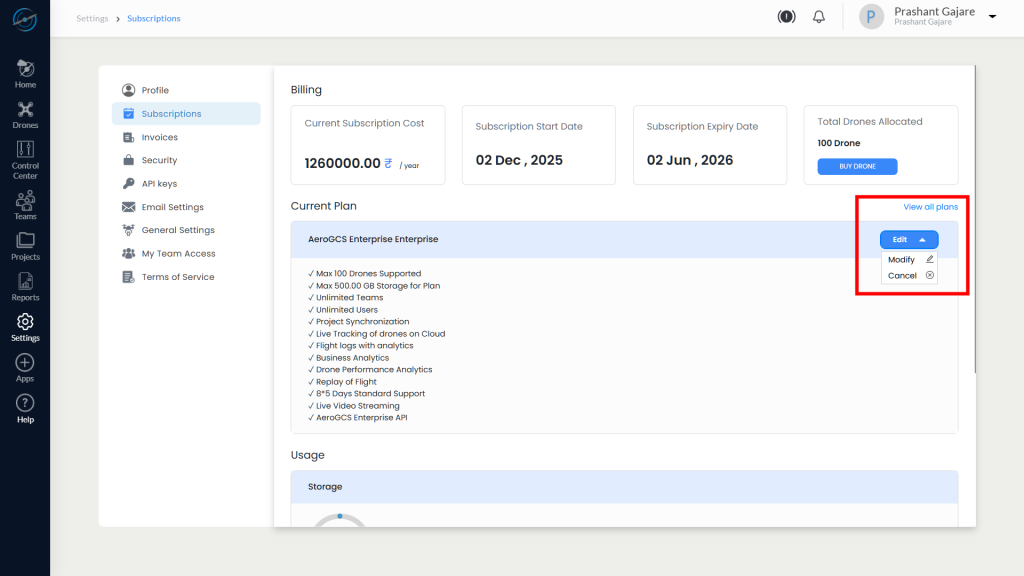 Edit Menu Showing Modify and Cancel Options