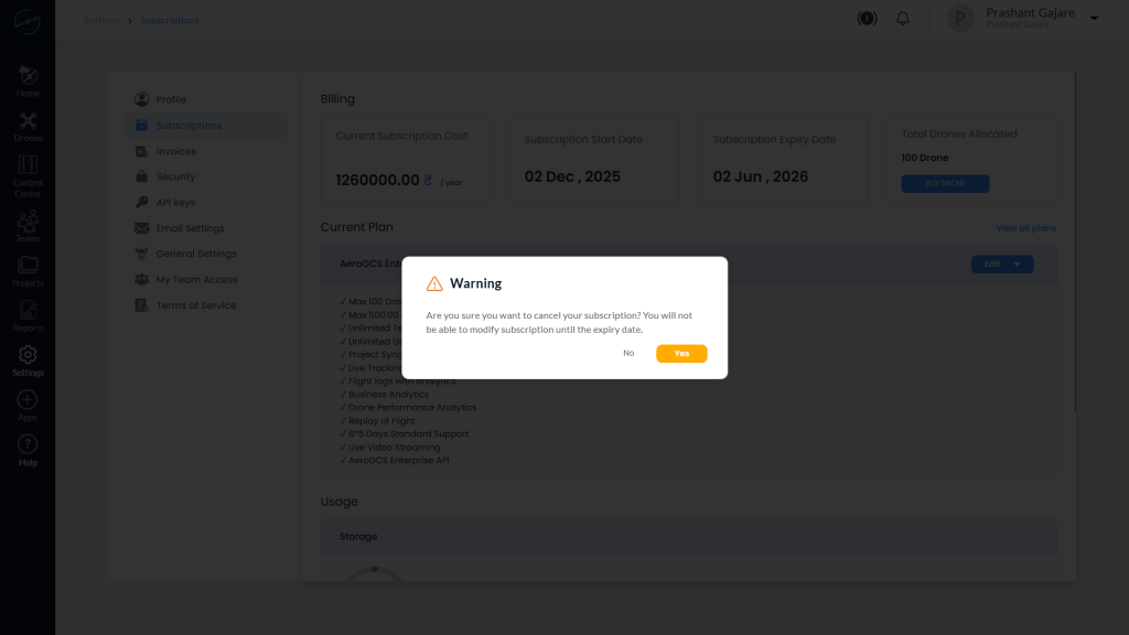 Subscription Cancellation Warning Dialog