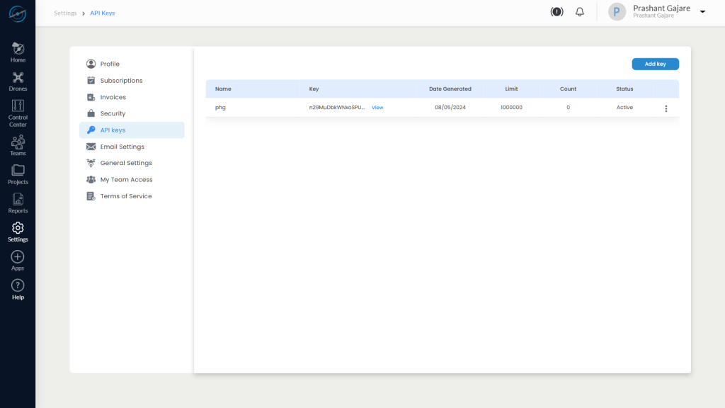 API Key Table Showing All Keys with View and Action Options