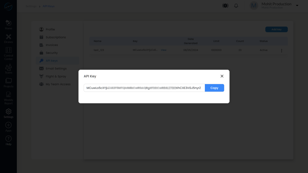View and Copy API Key Modal