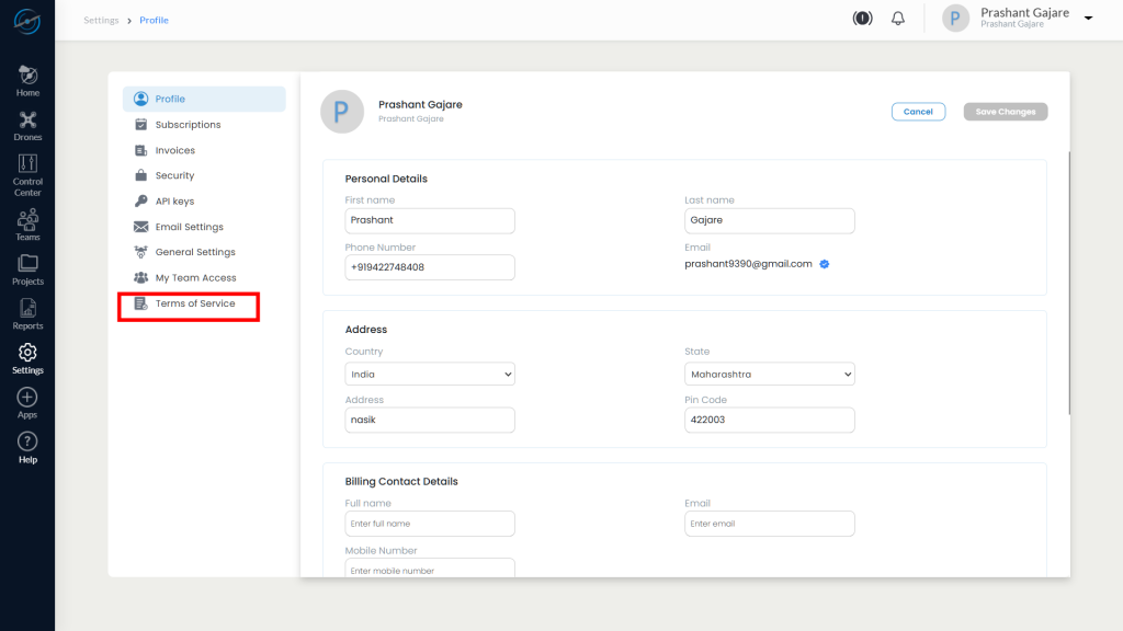 Settings Menu Showing Terms of Service Option