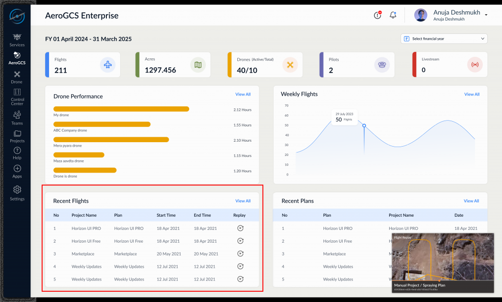 Recent Flights Table with Replay Icons