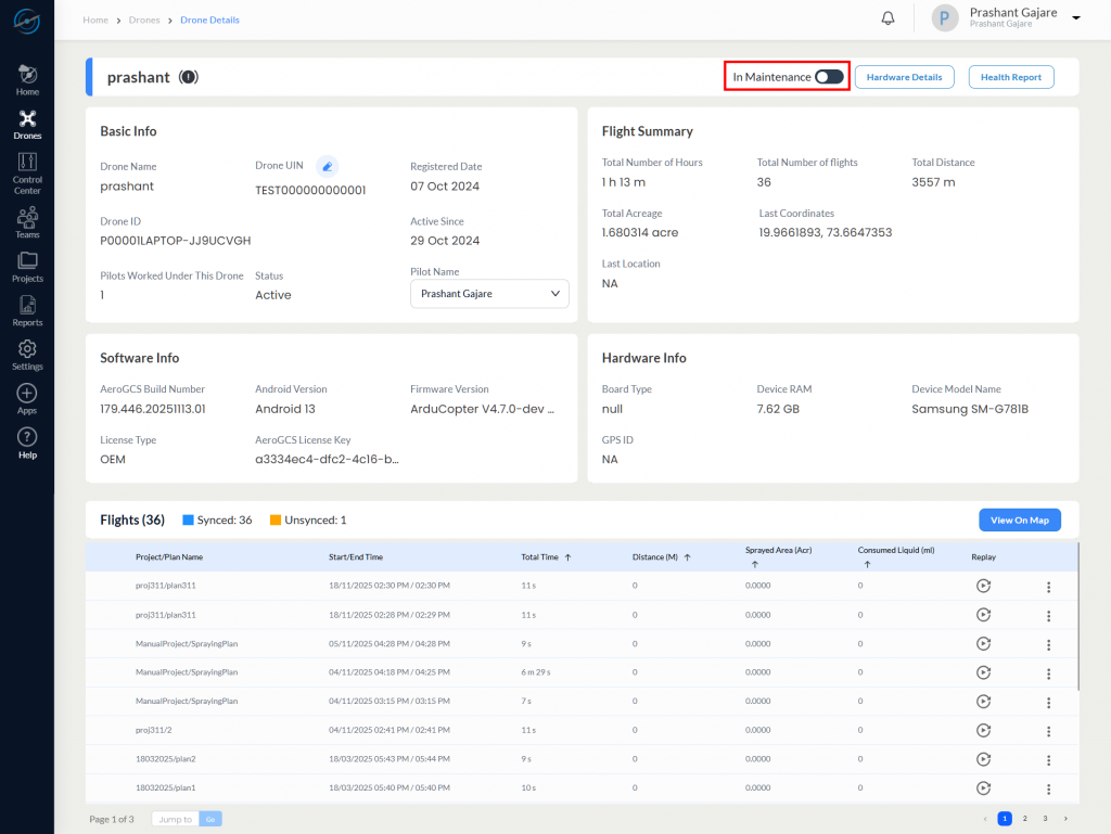 Drone Details Showing in Maintenance Toggle