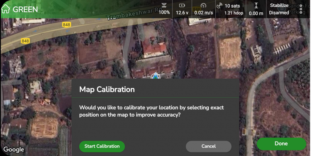 Map Calibration pop-up with Start Calibration and Cancel options